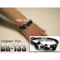 Br-133, Bracelet cuir et acier inoxidable « stainless steel » tête de mort 
